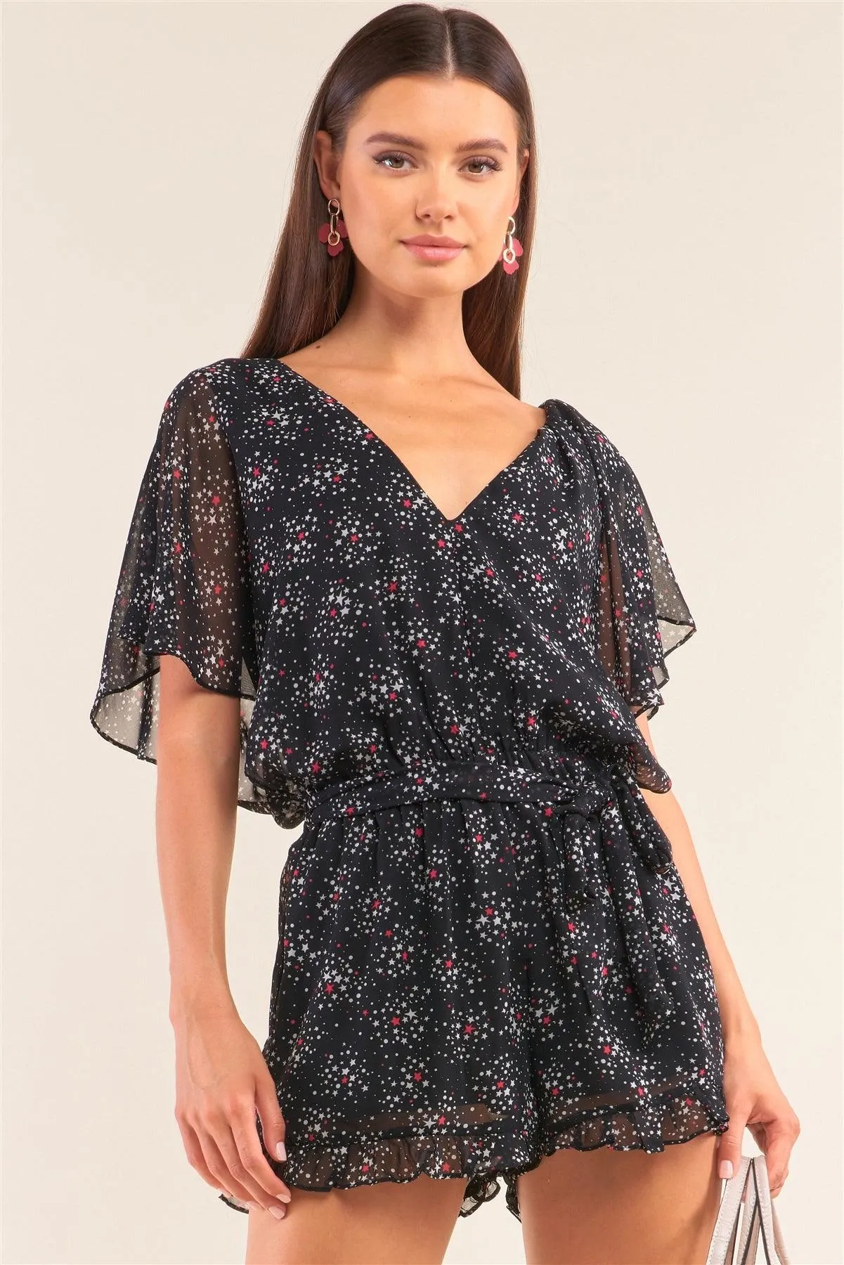 Astra Black Multicolor Paisley Print Flare Sleeve V-Neck Ruffle Self-Tie Waist Romper /1-3-2