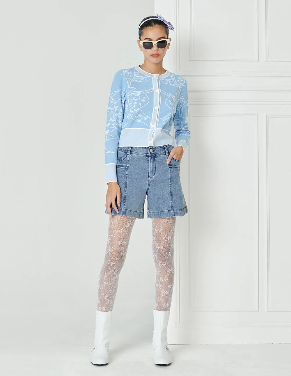 BORA AKSU Pleated Split Wash Denim Shorts