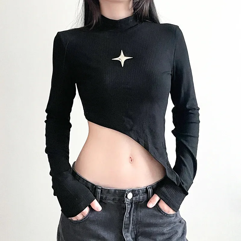 Casual Black Cotton Slim Women T-shirt Top Asymmetrical Long Sleeve Korean Tee Shirts Metal Basic Spring Autumn Shirt