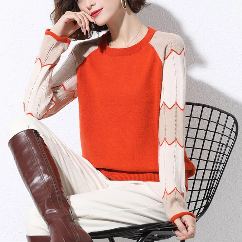 Casual O Neck Women Sweater Fashion Hollow Out Loose Long Sleeve Pullover Thin Knitted Jumper Spring Simple Patchwork Tops