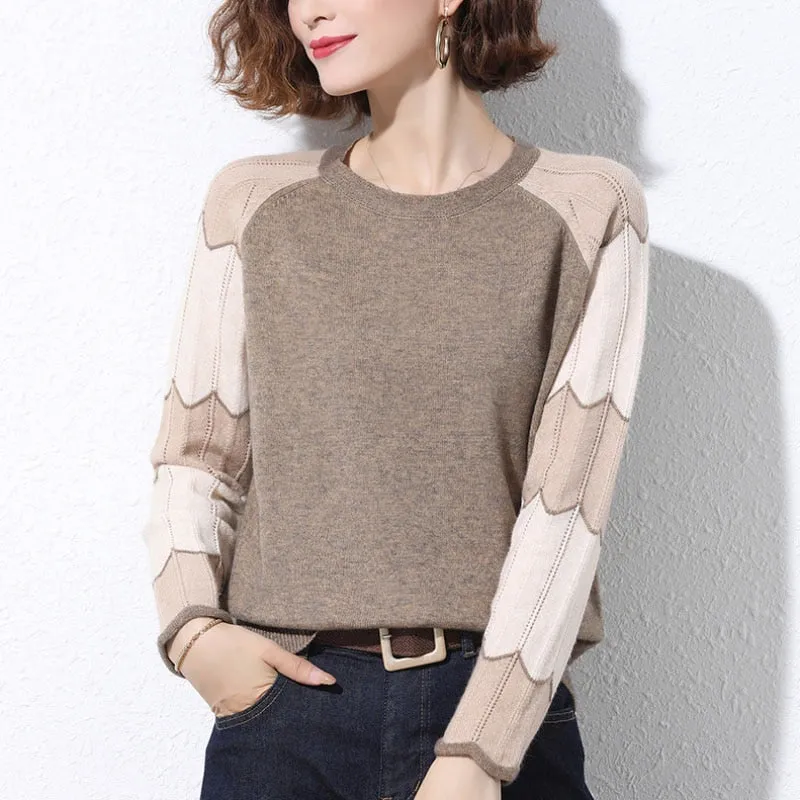 Casual O Neck Women Sweater Fashion Hollow Out Loose Long Sleeve Pullover Thin Knitted Jumper Spring Simple Patchwork Tops