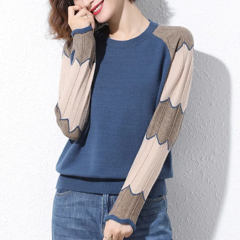 Casual O Neck Women Sweater Fashion Hollow Out Loose Long Sleeve Pullover Thin Knitted Jumper Spring Simple Patchwork Tops