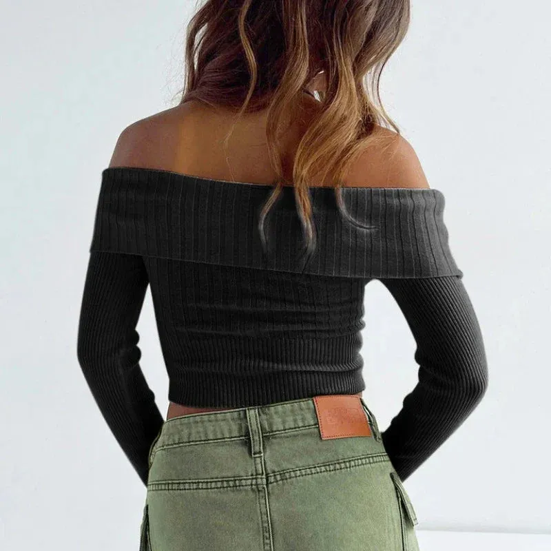 Casual The Sexy Long Off Solid Sleeve Knitted Slim Woman Pullovers Sweater Crop Sweaters Shoulders Bodycon Street Top