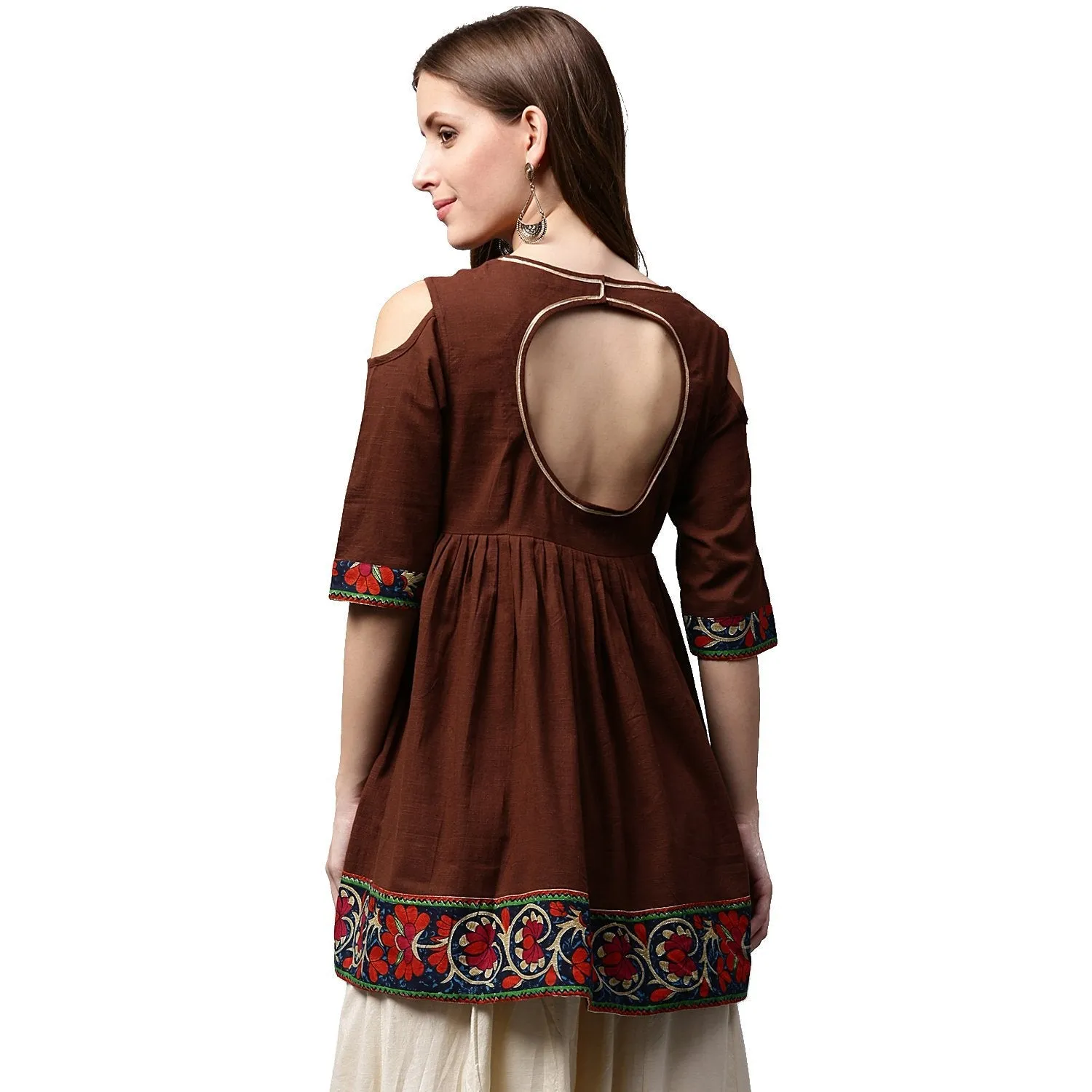 Coffee Color 3/4Th Sleeve Cold Shoulder Cotton Cropped Anarkali Kurta