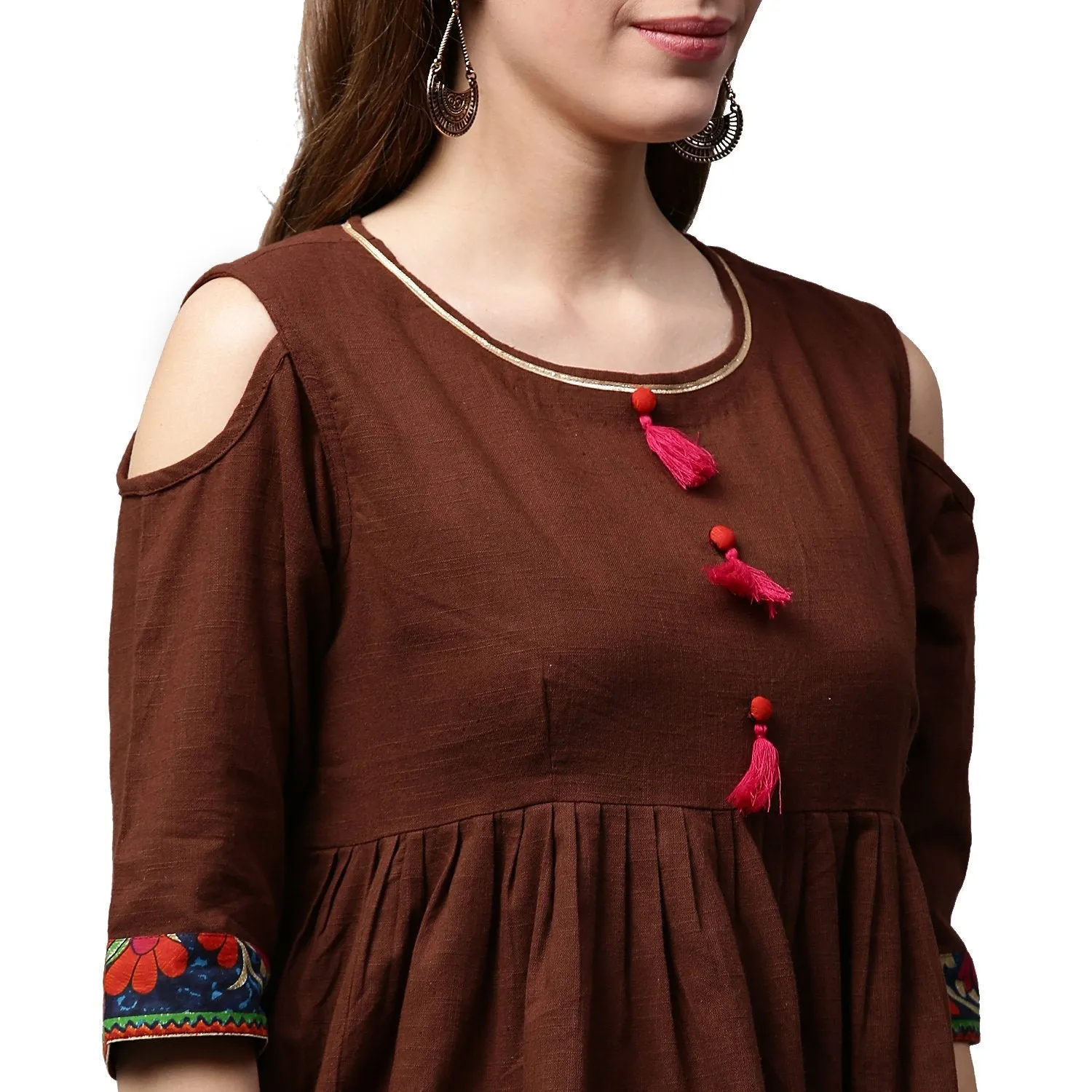 Coffee Color 3/4Th Sleeve Cold Shoulder Cotton Cropped Anarkali Kurta