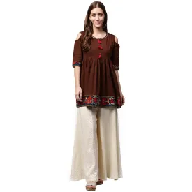 Coffee Color 3/4Th Sleeve Cold Shoulder Cotton Cropped Anarkali Kurta