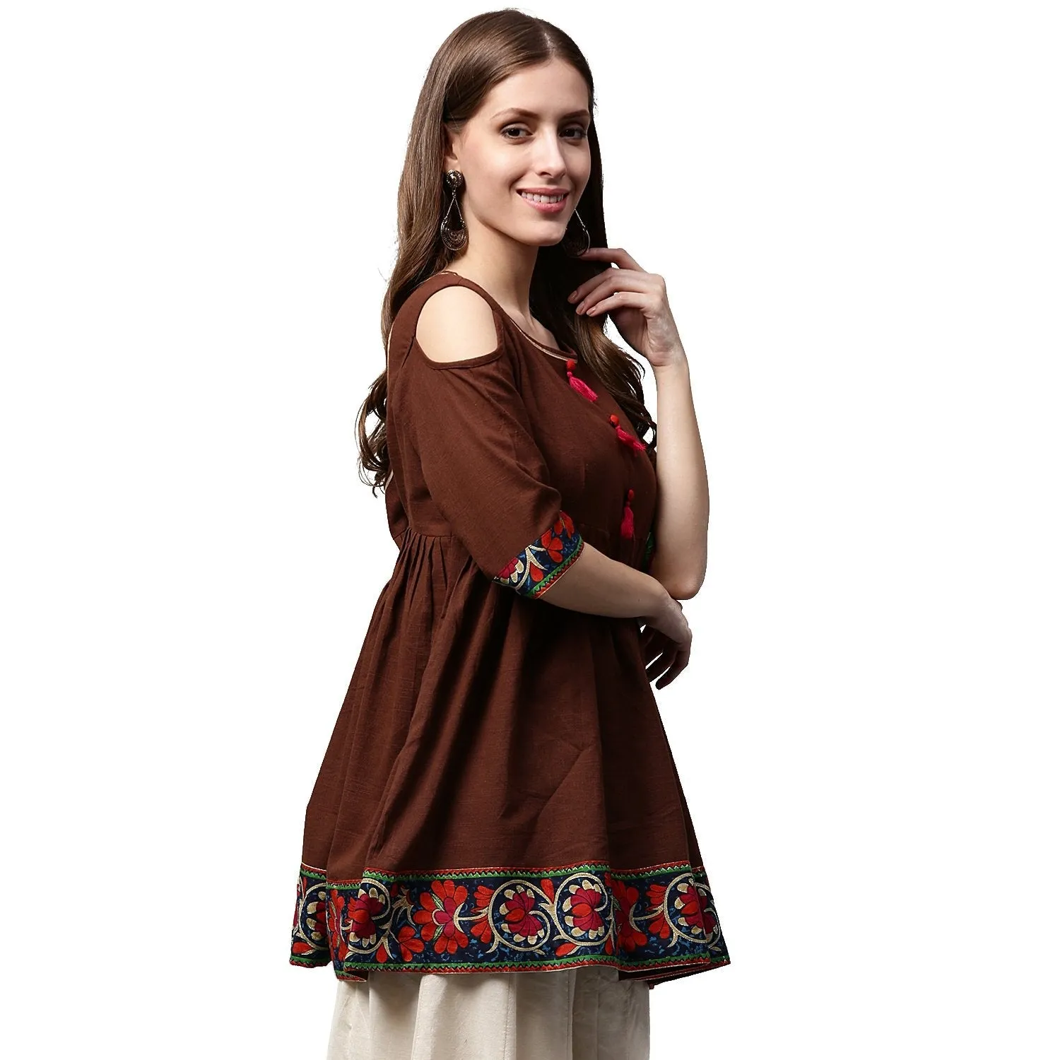 Coffee Color 3/4Th Sleeve Cold Shoulder Cotton Cropped Anarkali Kurta