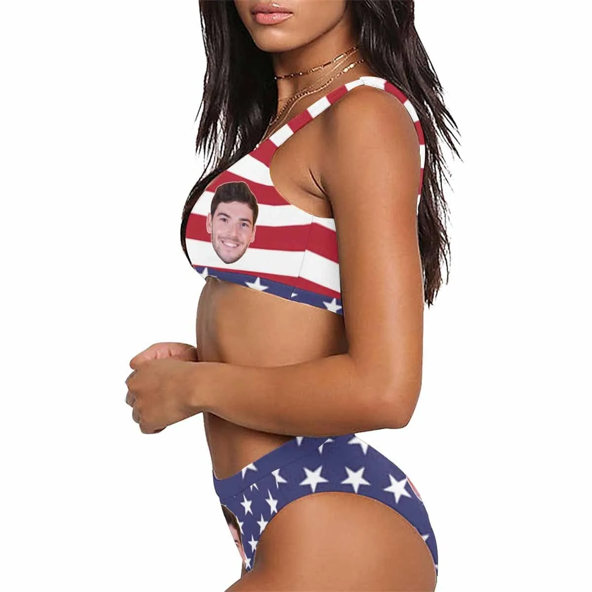 Custom Face Women's High Waisted Sport Bikini - USA Flag