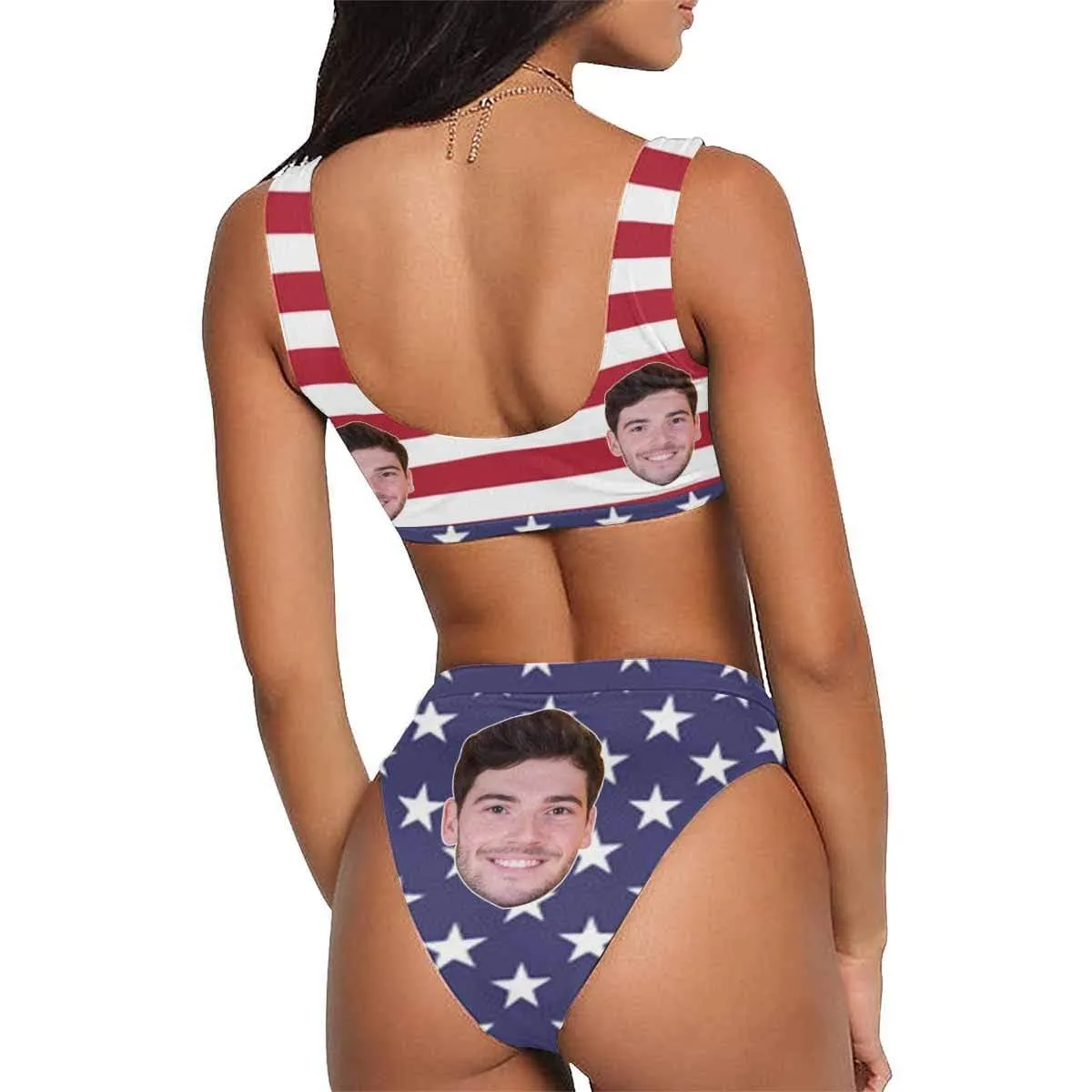 Custom Face Women's High Waisted Sport Bikini - USA Flag