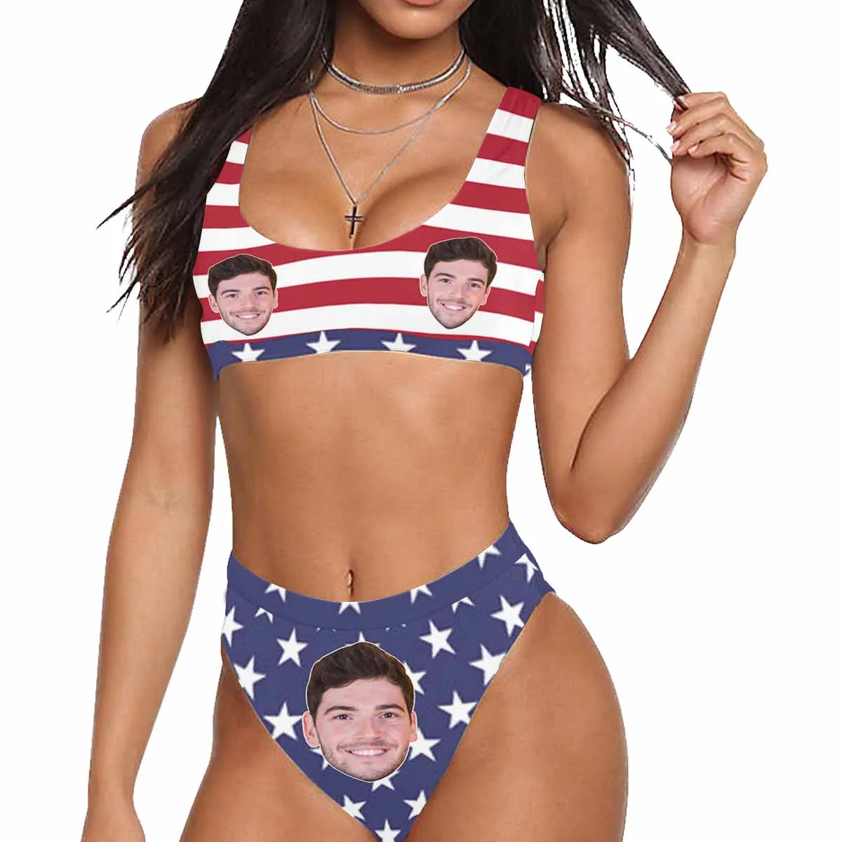 Custom Face Women's High Waisted Sport Bikini - USA Flag