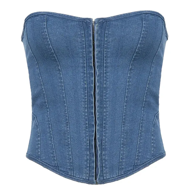 Denim Lace Up Sleeveless Bodycon Crop Holiday Slim Casual Sexy Corset Woman Top