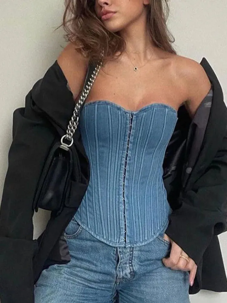 Denim Lace Up Sleeveless Bodycon Crop Holiday Slim Casual Sexy Corset Woman Top