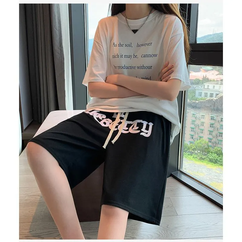 Embroidery Casual Wide-Leg High-Waisted Letter Sports Hip-Hop Shorts