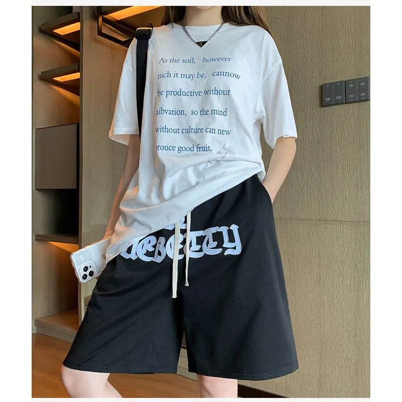 Embroidery Casual Wide-Leg High-Waisted Letter Sports Hip-Hop Shorts