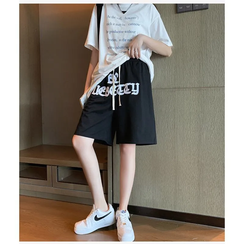 Embroidery Casual Wide-Leg High-Waisted Letter Sports Hip-Hop Shorts