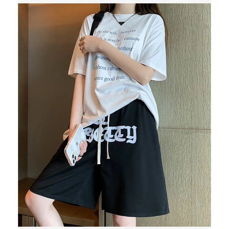 Embroidery Casual Wide-Leg High-Waisted Letter Sports Hip-Hop Shorts