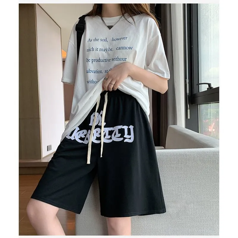 Embroidery Casual Wide-Leg High-Waisted Letter Sports Hip-Hop Shorts