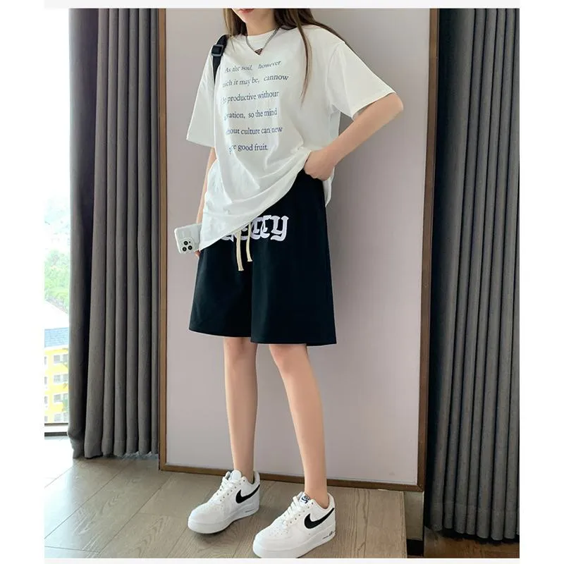 Embroidery Casual Wide-Leg High-Waisted Letter Sports Hip-Hop Shorts