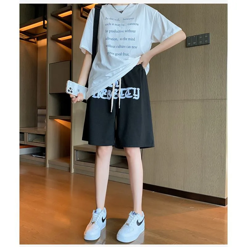 Embroidery Casual Wide-Leg High-Waisted Letter Sports Hip-Hop Shorts