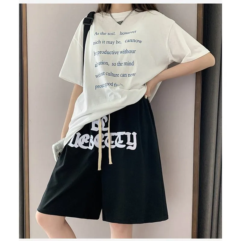 Embroidery Casual Wide-Leg High-Waisted Letter Sports Hip-Hop Shorts