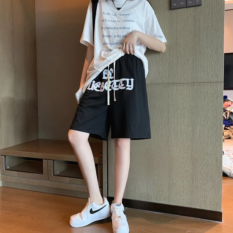 Embroidery Casual Wide-Leg High-Waisted Letter Sports Hip-Hop Shorts