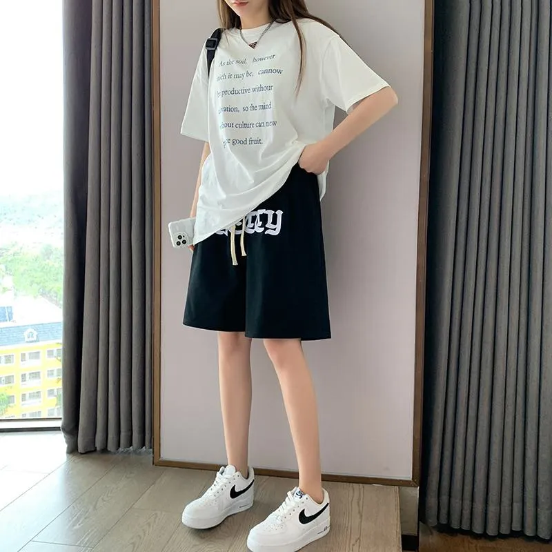 Embroidery Casual Wide-Leg High-Waisted Letter Sports Hip-Hop Shorts