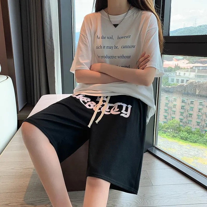 Embroidery Casual Wide-Leg High-Waisted Letter Sports Hip-Hop Shorts