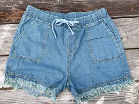 Fringed Denim Drawstring Shorts