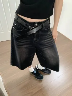 Girlary 2024 Y2k Retro Women Low Rise Jorts Brushed Black Wash Cropped Baggy Jeans Wide Leg Frayed Denim Short Pants Acubi Fashion