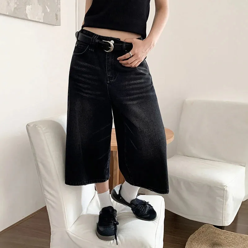 Girlary 2024 Y2k Retro Women Low Rise Jorts Brushed Black Wash Cropped Baggy Jeans Wide Leg Frayed Denim Short Pants Acubi Fashion