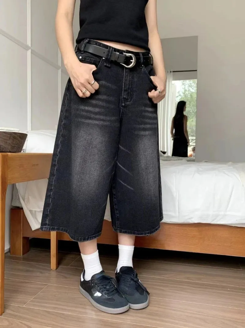 Girlary 2024 Y2k Retro Women Low Rise Jorts Brushed Black Wash Cropped Baggy Jeans Wide Leg Frayed Denim Short Pants Acubi Fashion