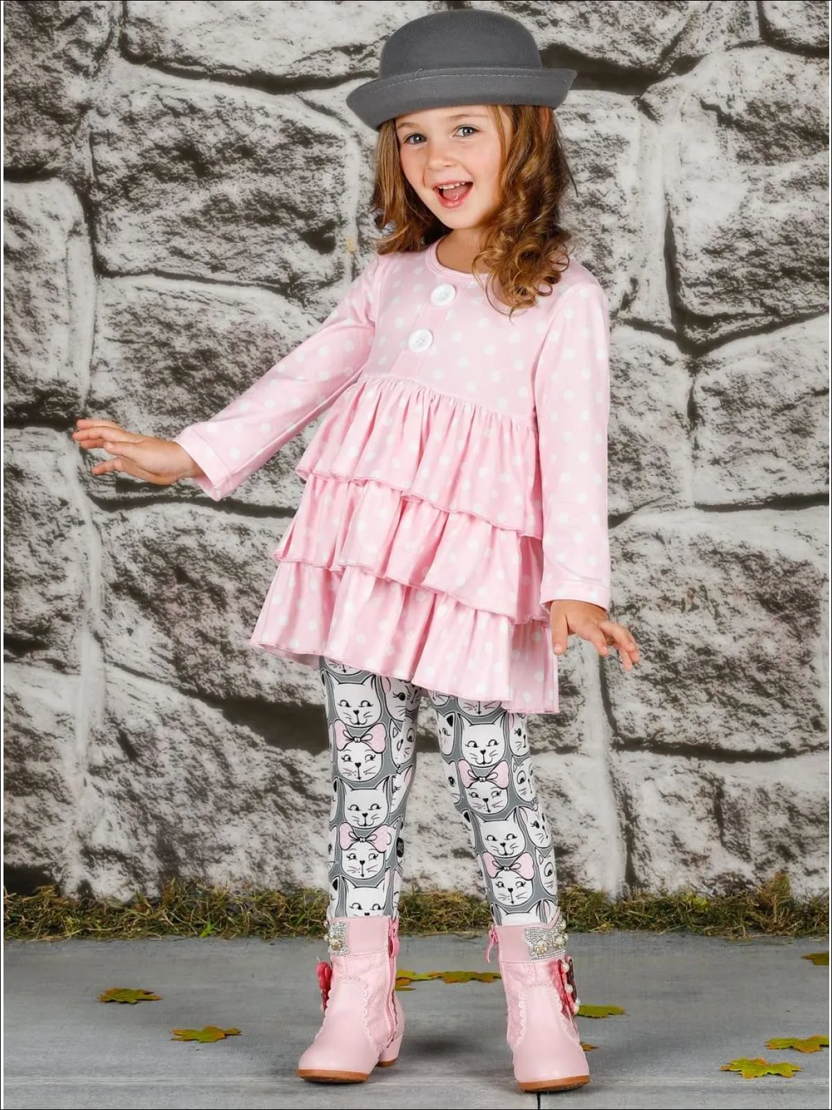 Girls Faux Button Tiered Ruffled Tunic And Printed Legging Set