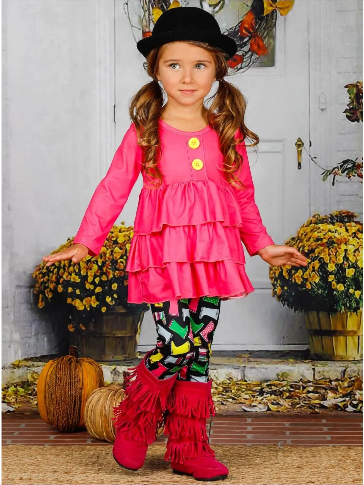 Girls Faux Button Tiered Ruffled Tunic And Printed Legging Set