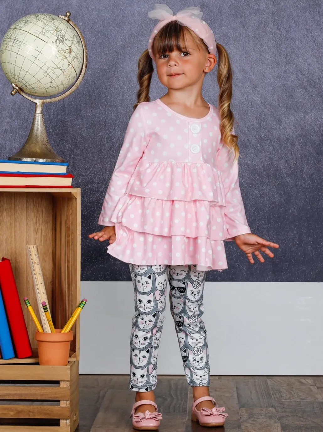 Girls Faux Button Tiered Ruffled Tunic And Printed Legging Set