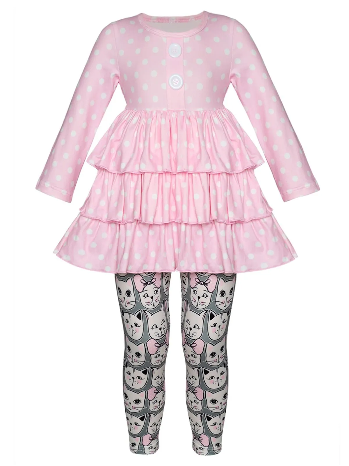 Girls Faux Button Tiered Ruffled Tunic And Printed Legging Set