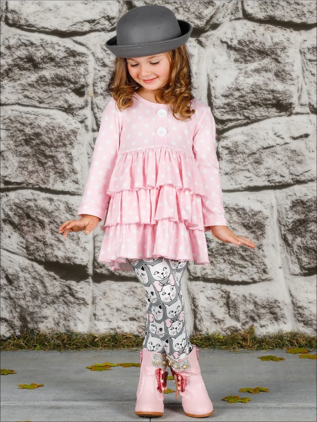 Girls Faux Button Tiered Ruffled Tunic And Printed Legging Set