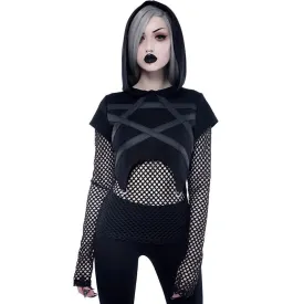 Goth Dark Black Mesh Patchwork Navel Rivet Shirt