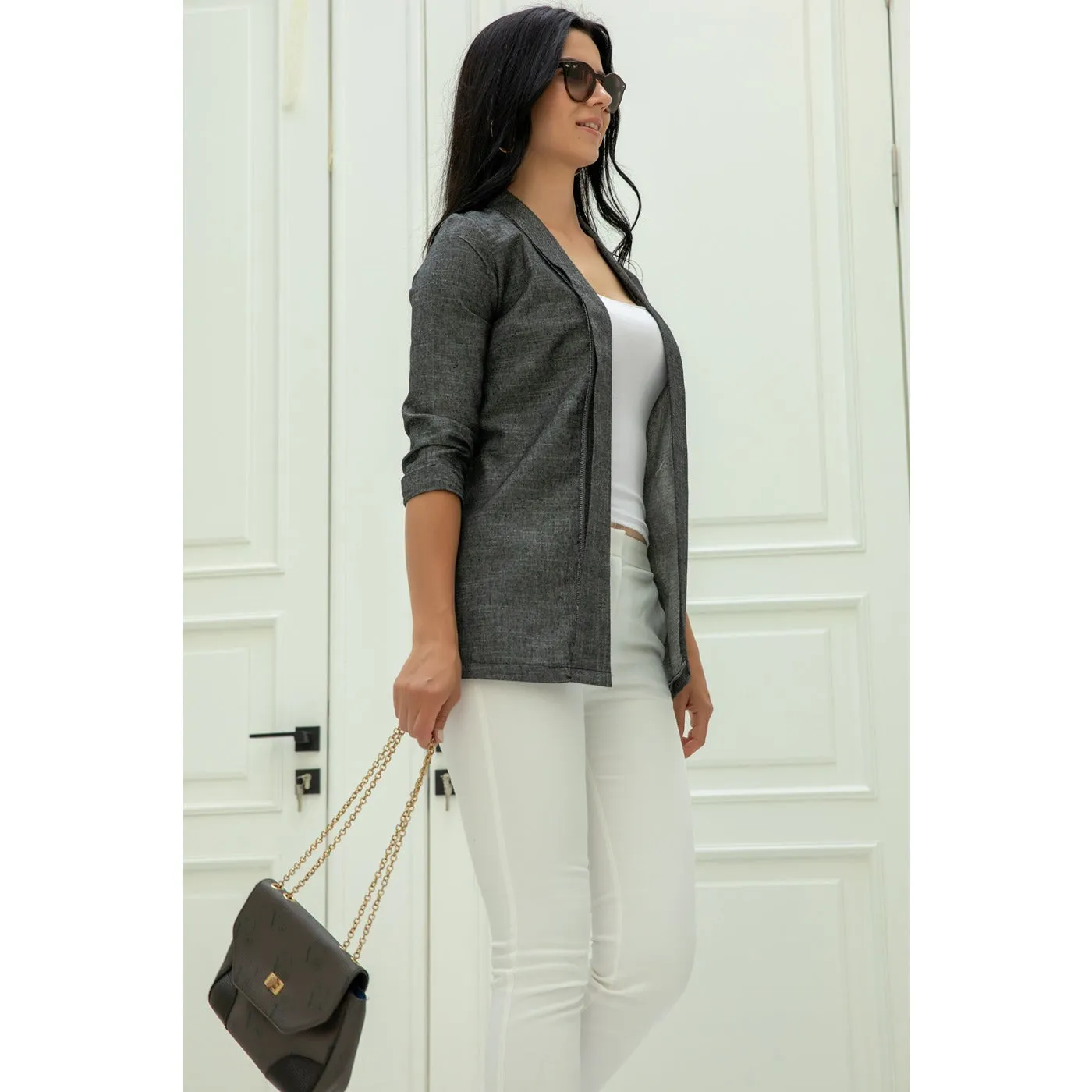 Grey Short Sleeves Shawl Jacket