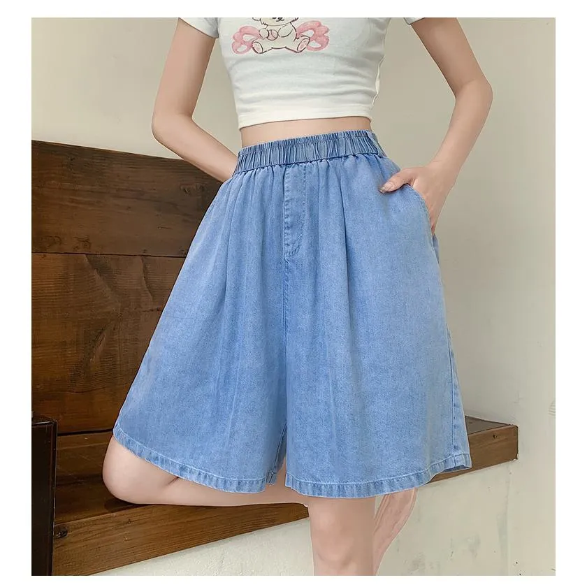 High-Waisted Draping Lyocell Wide-Leg Thin Loose Fit Versatile Denim Shorts