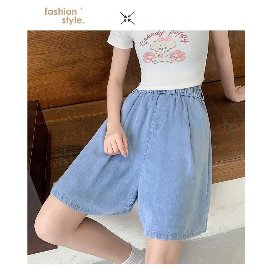 High-Waisted Draping Lyocell Wide-Leg Thin Loose Fit Versatile Denim Shorts