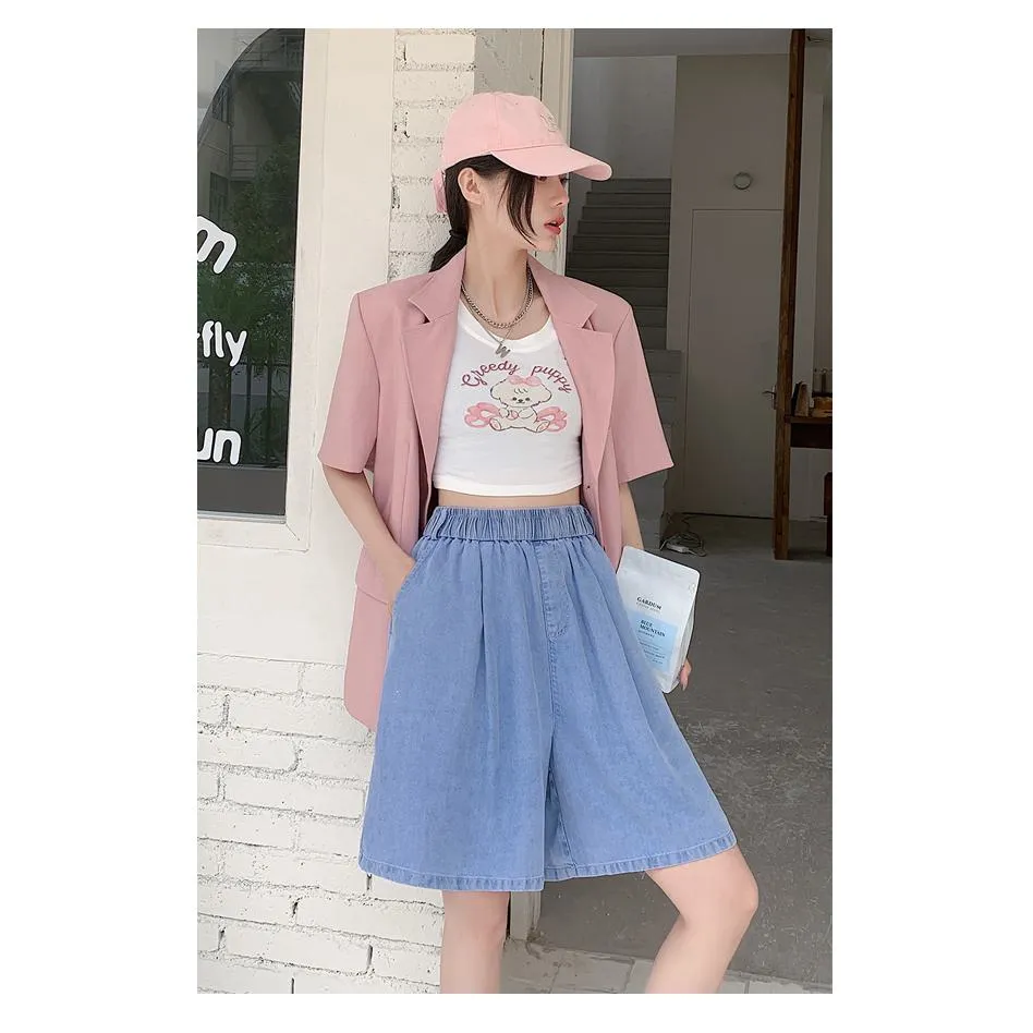 High-Waisted Draping Lyocell Wide-Leg Thin Loose Fit Versatile Denim Shorts