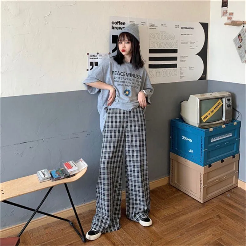 High-Waisted Straight Versatile Loose Fit Slimming Draping Plaid Pants