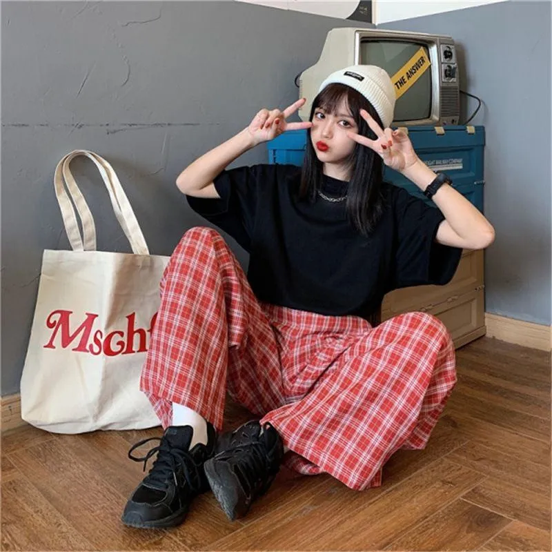 High-Waisted Straight Versatile Loose Fit Slimming Draping Plaid Pants