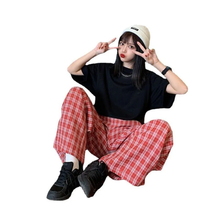 High-Waisted Straight Versatile Loose Fit Slimming Draping Plaid Pants