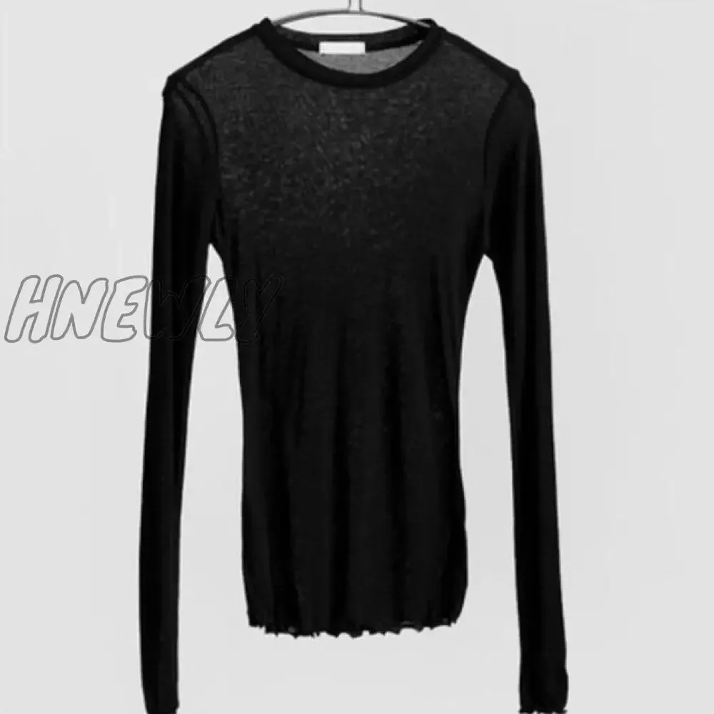 Hnewly Slim High Quality Plain T Shirt Women Cotton Elastic Basic T-shirts Female Casual Tops Long Sleeve Sexy Thin T-shirt see through