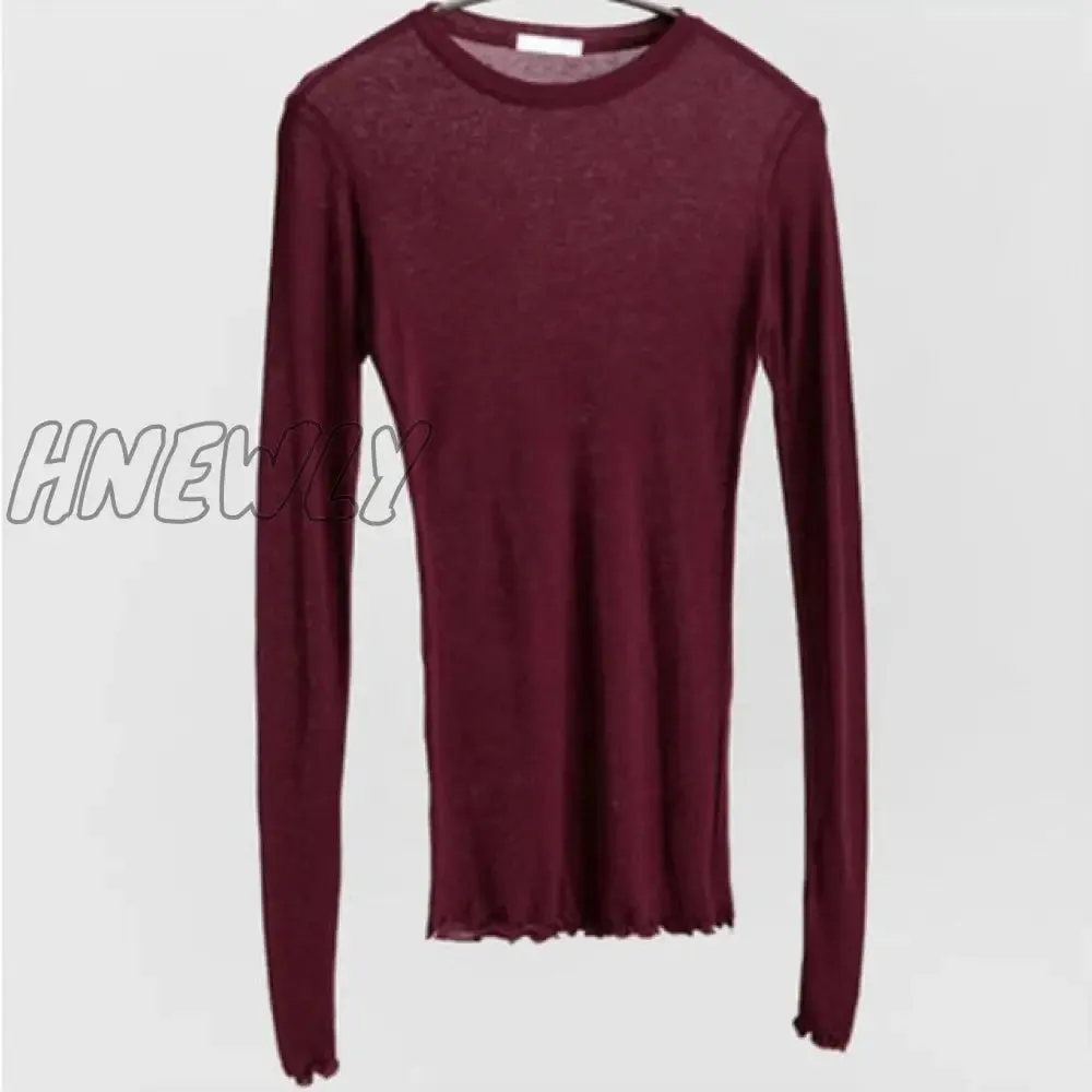 Hnewly Slim High Quality Plain T Shirt Women Cotton Elastic Basic T-shirts Female Casual Tops Long Sleeve Sexy Thin T-shirt see through