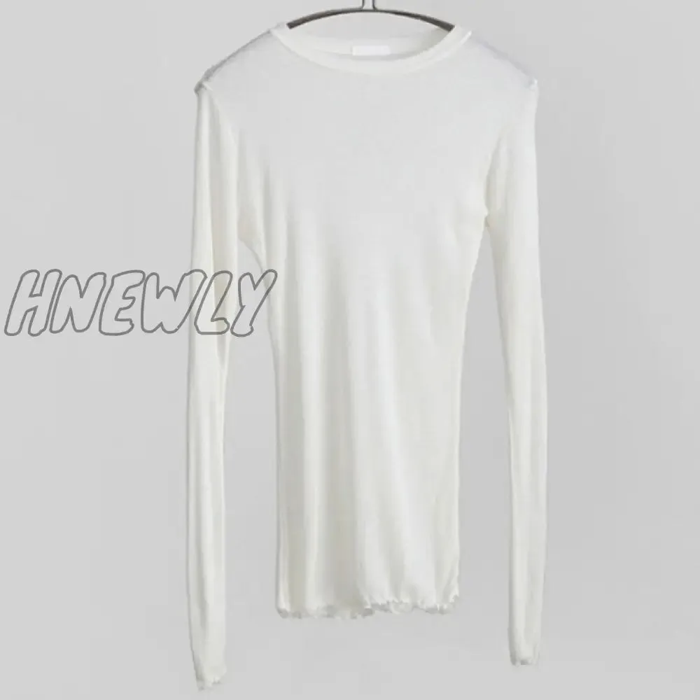 Hnewly Slim High Quality Plain T Shirt Women Cotton Elastic Basic T-shirts Female Casual Tops Long Sleeve Sexy Thin T-shirt see through