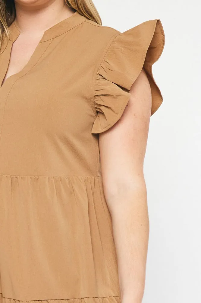 Plus Ruffle Sleeve Tiered Midi Dress in Camel by Entro