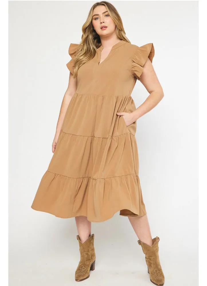 Plus Ruffle Sleeve Tiered Midi Dress in Camel by Entro