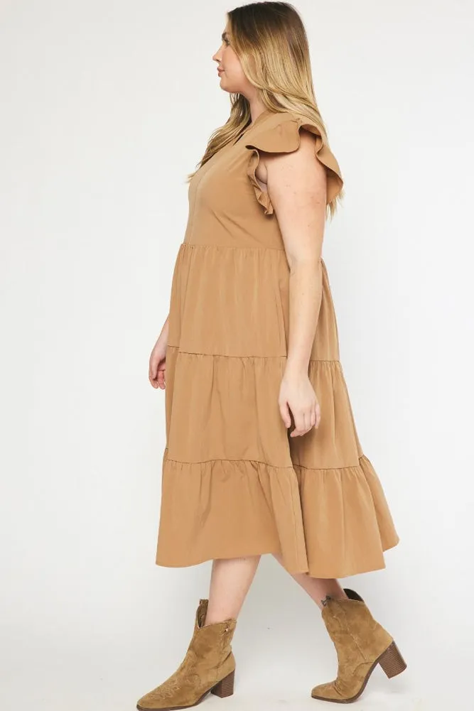 Plus Ruffle Sleeve Tiered Midi Dress in Camel by Entro